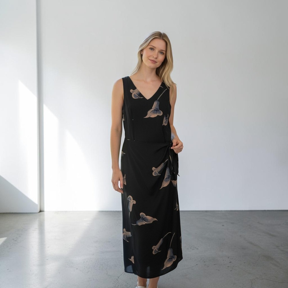 Vintage 90s Spenser Jeremy Silk Calla Lily Wrap Midi Dress 10 Black Floral Art